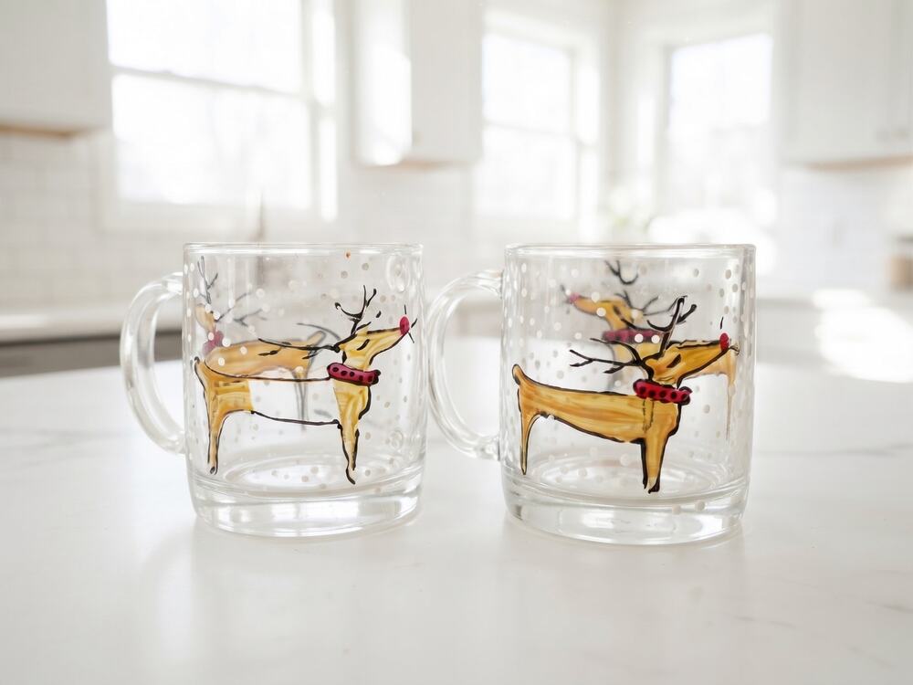 Vintage Pair Luminarc Holiday Christmas Rudolph Reindeer Snow Glass Mugs